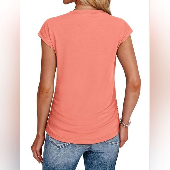 NEW Coral Pink Ruched T-shirt Top Lightweight Basic Neutral Salmon Peach Medium - Picture 3 of 5